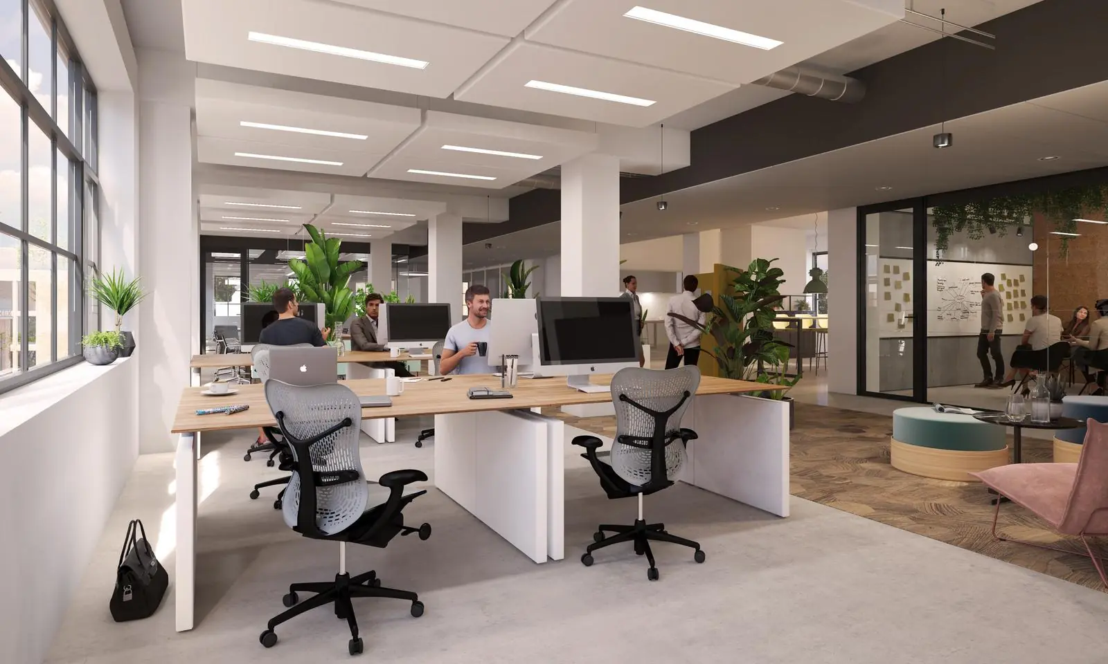 Moderne open kantoorruimte aan de Karl Weisbardstraat met werkplekken, planten en overlegruimte.